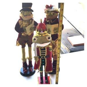Holiday frog nutcracker & two frog carolers.